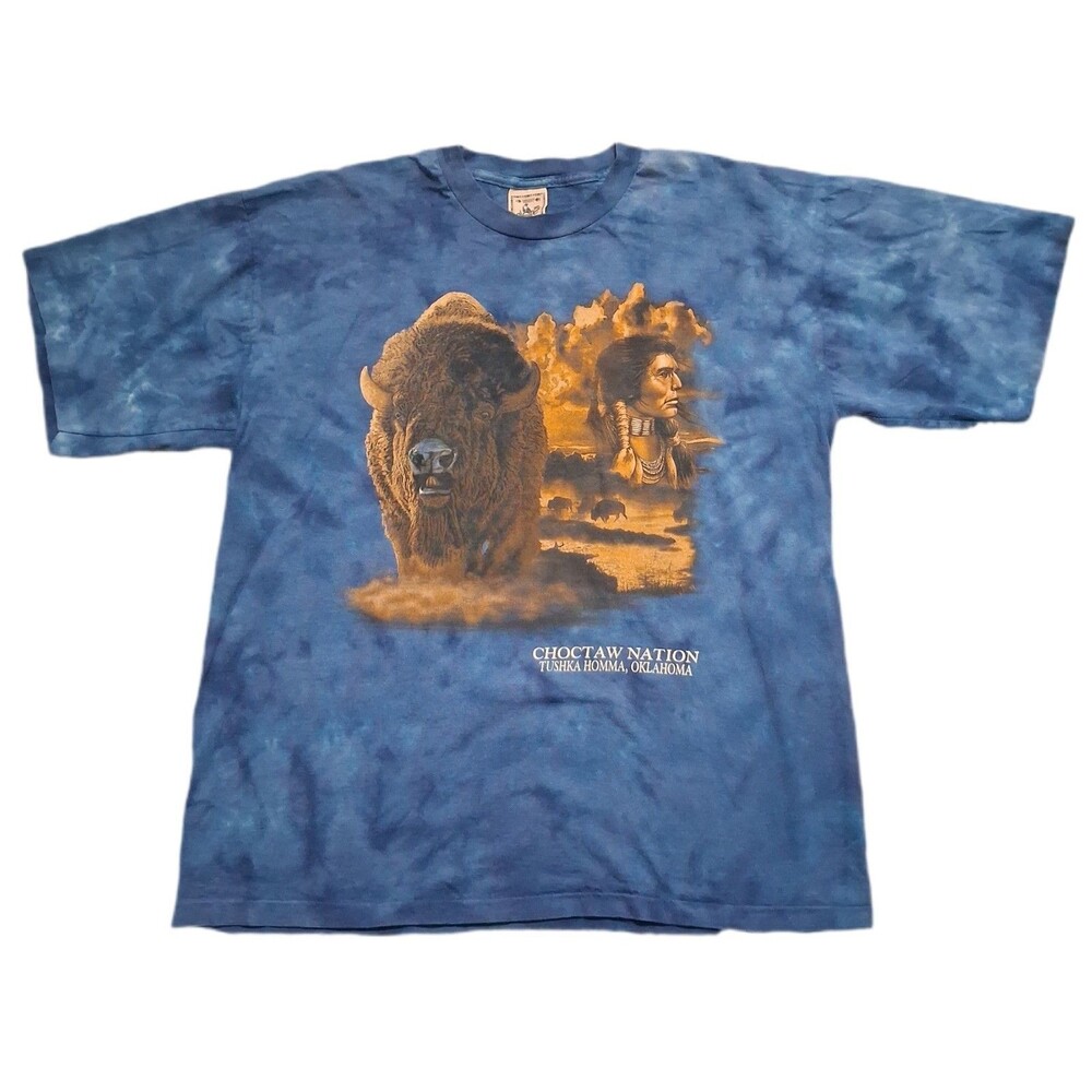 Vintage Single Stitch Cherokee Nation Tshirt Men XL Blue Tie Dye Native American